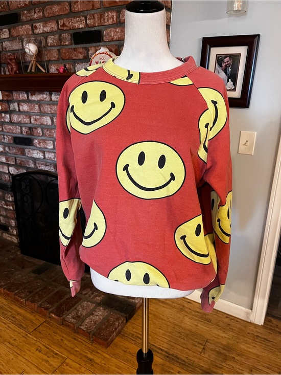 Aviator Nation Sweaters - Aviator Nation $165 Red Crewneck Sweater with Yellow Smiley Print